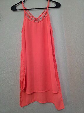 Lush Neon Coral High-Low Tunic Tank Top Side Slits Lattice Neck Sleeveless